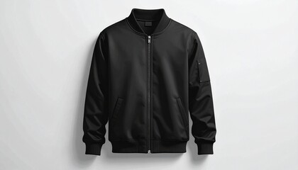 A black zip-up track jacket shown from front, side, and back angles, featuring high collar, ribbed cuffs and waistband, smooth synthetic fabric, minimal design ideal for athletic or casual wear.