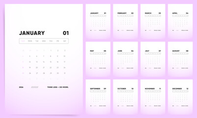 Calendar 2026. Motto  Calendar Think Less Do More  2026 Gradient Purple Minimal Wall Planner, Sunday Start.
