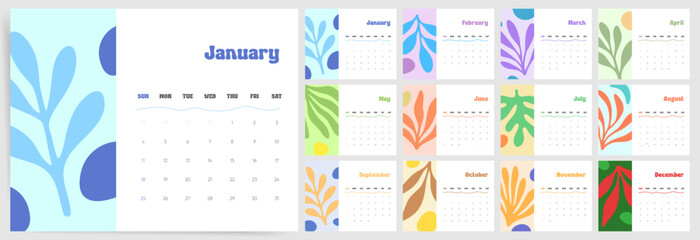 2026 Calendar Template. Colorful abstract leaves 2026 calendar layout. Floral style wall diary planner calendar with botanical shapes and Sunday start.