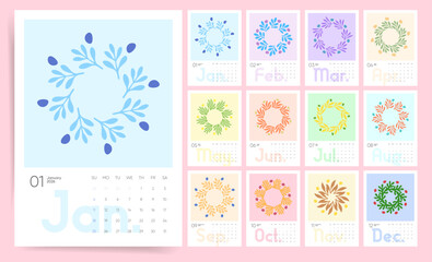 Pastel Wreath Calendar 2026. Botanical Circle Floral Wall Planner Calendar 2026, Sunday Start.
