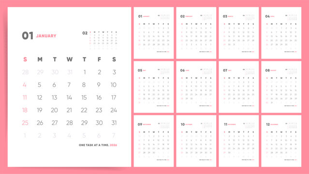 Vertical Calendar 2026. One Task at a Time Calendar 2026. Minimal Pink Monthly Wall Planner, Sunday Start.
