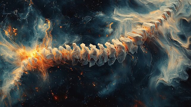 An illustration of a spinal column engulfed with energy, that could symbolize pain, or disease in general. Perfect for educational materials, articles, and healthcare promotions about it.