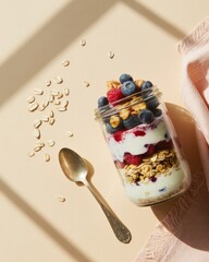Layered yogurt parfait with fresh berries and granola in a glass jar for a healthy breakfast