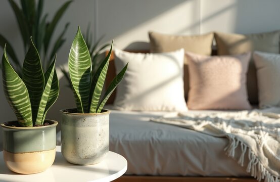 Snake plants on white table in modern bedroom interior. Potted Sansevieria in ceramic pots with decorative pillows, blanket on bed. Eco friendly home decor on sunny day creating natural lifestyle.