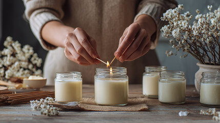 A person carefully lighting a candle