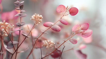 Beautiful Soft Pink and Red Leaves with Delicate Buds Set Against a Soft Background in a Dreamy and Serene Atmosphere
