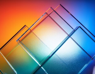 abstract composition of overlapping transparent glass panels on a vibrant holographic rainbow gradient background