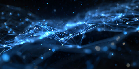Flowing wave of blue connected data points forming abstract network communication mesh