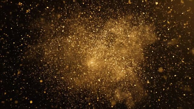 Golden dust particles dissolving in darkness with glowing effect  