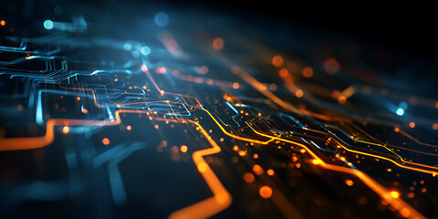 Orange and blue circuit board pathway with glowing connections forming tech background