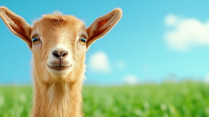 A curious goat gazing at the camera in a vibrant green field under a clear blue sky on a sunny summer day