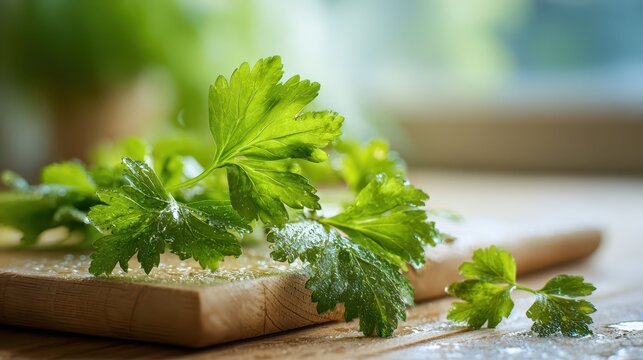 Close-up of parsley bunch with lush green leaves, rustic wood background, vivid herbal freshness