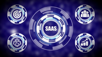 Futuristic digital graphic with SAS in center surrounded by icons for target, handshake, people, and growth chart