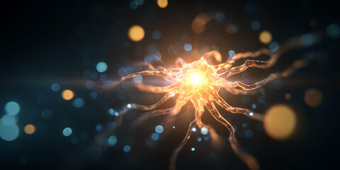 Bright abstract neural cell with glowing branches and bokeh symbolizing brain activity