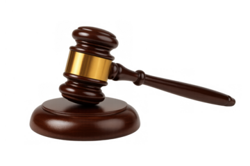 Gavel hitting sounding block, representing legal decision, auction sale, judge's verdict, and justice concept on transparent background