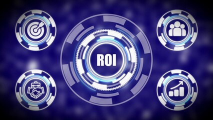 Futuristic HUD display showing ROI with icons for goals partnership growth and team Keywords: ROIHUD interface technology futuristic digital display strategy planning business concept