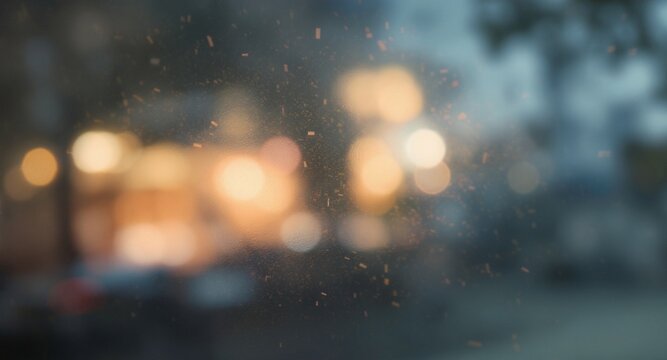 Smoky frosted glass surface with a subtle grainy diffusion effect, blurred reflections of distant objects, and soft abstract light shapes visible behind it, emitting a warm ethereal glow with gentle g