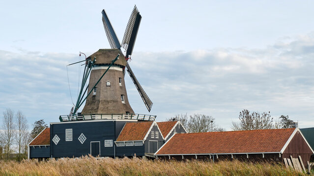 View of the De Rat sawmill in autumn. De Rat is an octagonal smock mill in IJlst Friesland The Netherlands and was built in 1828. De Rat is one of three sawmills in Friesland. Image with copy space.