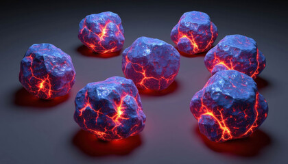 A collection of blue volcanic rocks with glowing red cracks. The rocks lie on a dark surface, revealing a molten magma core within.