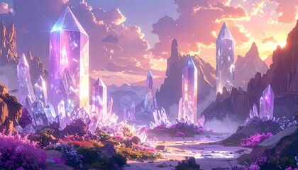 A vibrant vista showcases crystalline structures bathed in golden sunlight, nestled among rolling hills and colorful vegetation