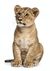 Adorable lion cub sitting gracefully looking upwards against a clean white background, capturing innocence and wonder in a stunning portrait