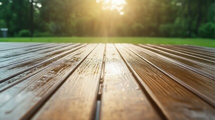 Fototapeta premium Revitalizing the wooden terrace in preparation for summer through power washing to enhance outdoor living spaces