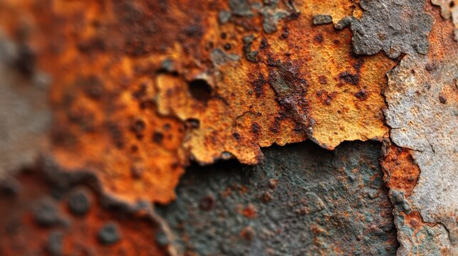 Close-up of weathered rusty metal surface with peeling patina and textured corrosion - Powered by Adobe
