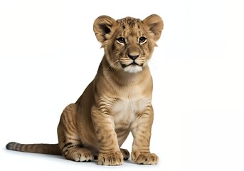 Adorable lion cub sitting calmly on white background, perfect for wildlife projects and educational materials