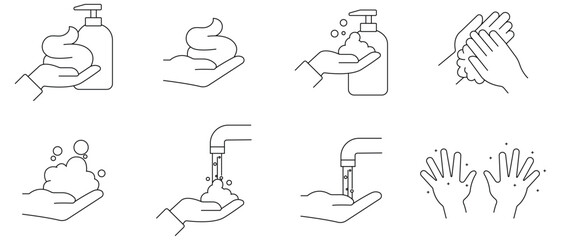 Hand washing line icons set. A set of linear icons for washing hands. Healthcare wash hands process icons. Cleaning, COVID-19, Bathroom, Bacterium and more. Vector illustration.