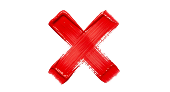 A bold red x mark created with thick brushstrokes on a stark black background for high contrast design