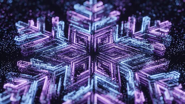 Macro snowflake with intricate patterns in purple and blue tones  