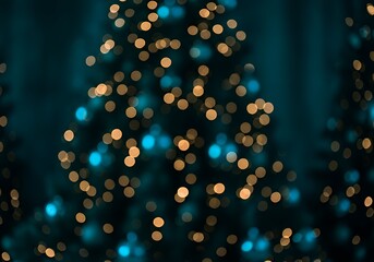 Abstract Christmas tree bokeh lights with festive gold and teal illumination, perfect for holiday greetings and seasonal backgrounds