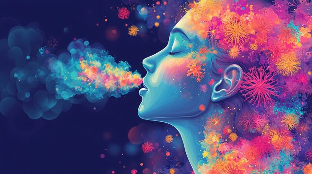 A serene profile shows a face expelling vibrant, abstract forms reminiscent of florals and smoke. The artwork portrays a blend of calmness and chaos, offering a visually compelling concept.