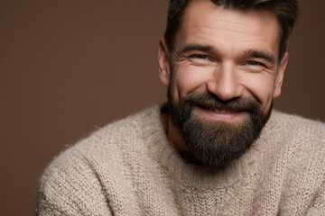 Obraz premium Close-up portrait of a bearded man in a warm lifestyle setting, smiling directly at the camera in a three-quarter pose