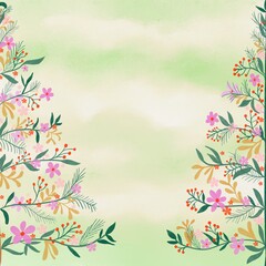 Floral border design with pink flowers, green leaves and delicate branches on a watercolor style background. Used for invitations, social media posts, or general design projects.