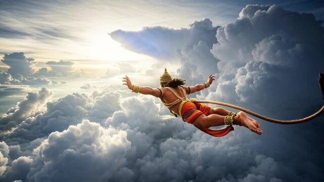 Hanuman flying through dramatic clouds at sunrise, epic mythological scene