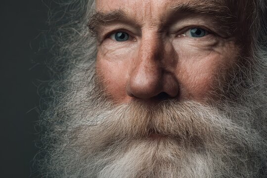 Close-up portrait of a mature man with a full white beard in warm studio lighting