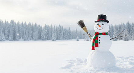 Happy snowman in winter forest with copy space