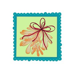 A mistletoe tied with a red bow with scalloped blue border. Ideas for festive decoration, greeting card, sticker, or gift tag.