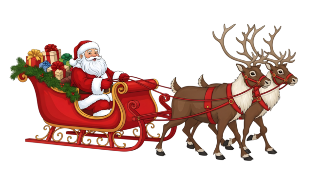 Santa Claus in a red sleigh pulled by two reindeer with gifts and greenery isolated on a transparent background 1