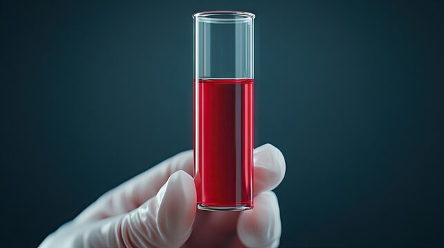 A doctor in protective gear holds up a test tube containing red liquid for medical analysis in a lab setting at twilight