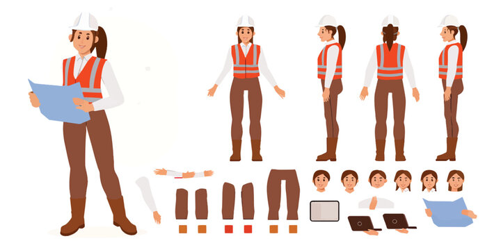 Constructor kit for a female engineer character with different poses, emotions, and body parts for animation