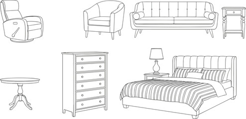 Set of furniture outline sketches, bedroom and living room interior elements, cad drawing flat vector illustration, isolated black line art