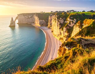 Coastal cliffs with arch rock formation, beach, and ocean under a vibrant sunset