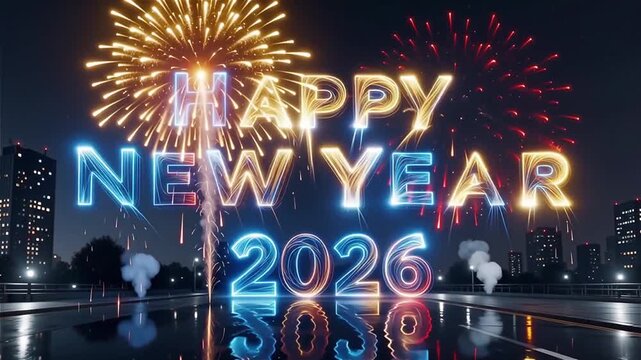 3D Neon Glowing Fireworks Forming &lsquo;Happy New Year 2026&rsquo; in Night Sky, Realistic Sparks and Reflections, Festive Celebration Scene, New Year Animation video, New Year intro, outro video, New Year 2026