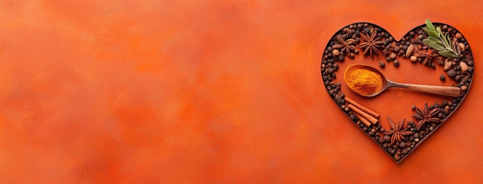 A vibrant heart made of spices with turmeric at the center, inviting culinary creativity and flavor exploration on a warm abstract background - Powered by Adobe