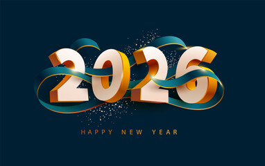 Happy New Years 2026. Greeting banner design with 3D numbers and calligraphic ribbon.  Elegant numbering design.