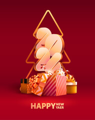 Naklejka premium New Years 2026. Christmas greeting card design with white numbers and gift boxes. Realistic vector illustration.