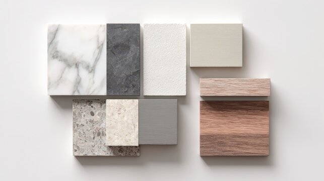 Collection of stone and wood flooring samples arranged for interior design mood board