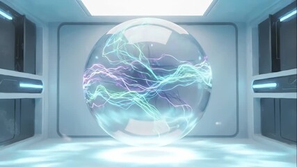 A futuristic egg-shaped capsule with glowing energy floating in a sci-fi chamber. Animation of a transparent pod with pulsing electrical plasma. Advanced technology and creation concept - Powered by Adobe